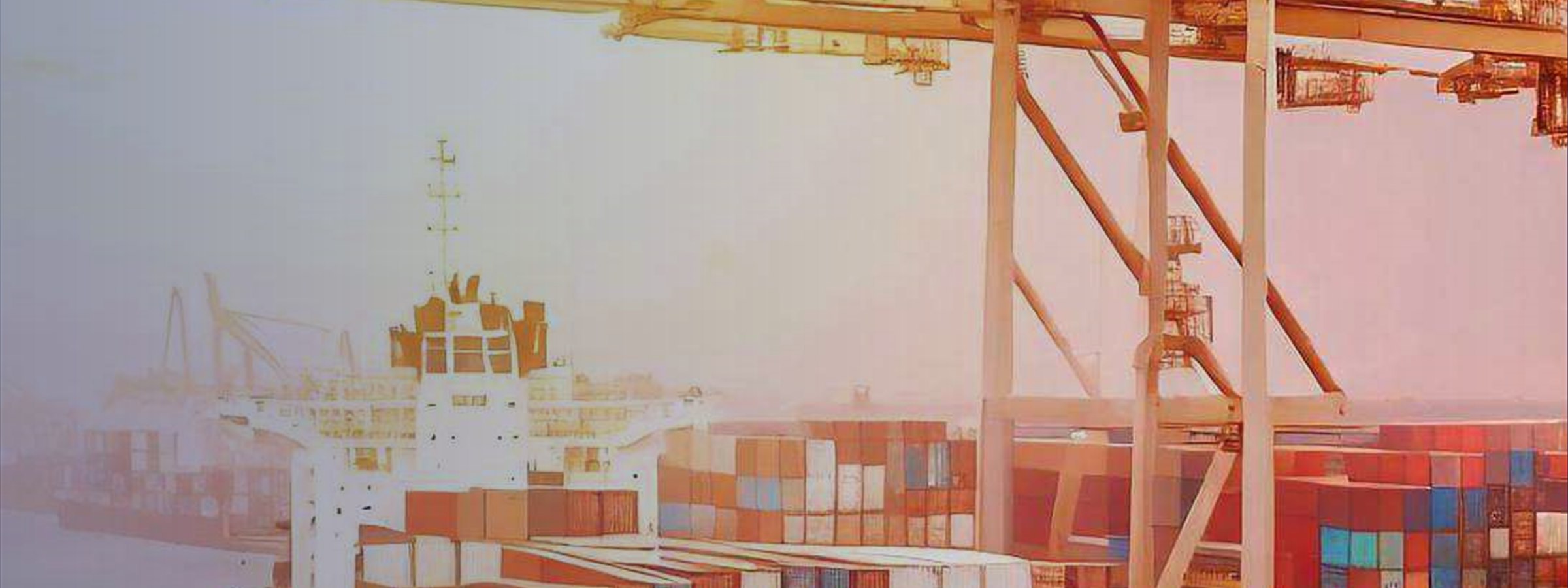 TGL container ship and port cranes at sunset